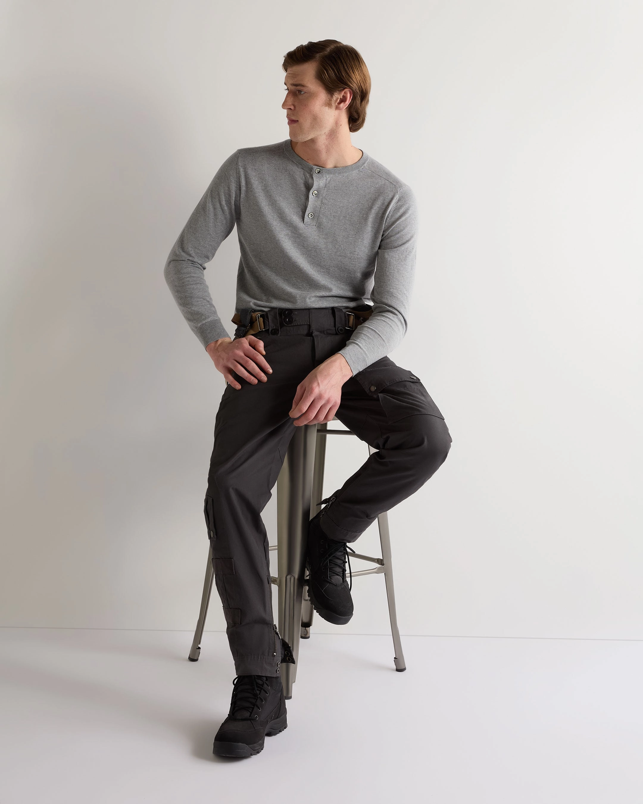 007 Round Neck Cotton Cashmere Henley Light Grey Unmissable Deal Today