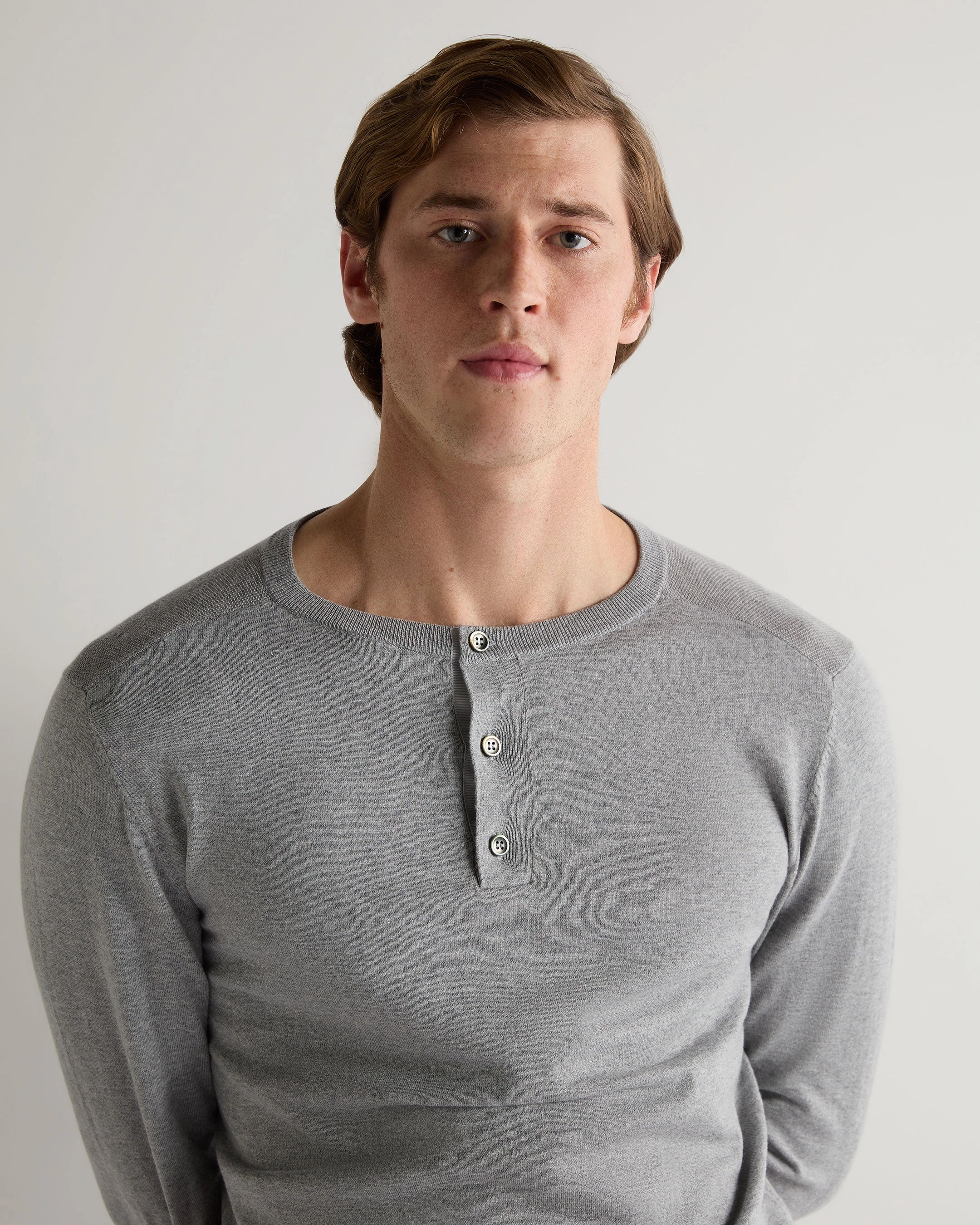 007 Round Neck Cotton Cashmere Henley Light Grey Save Today Only