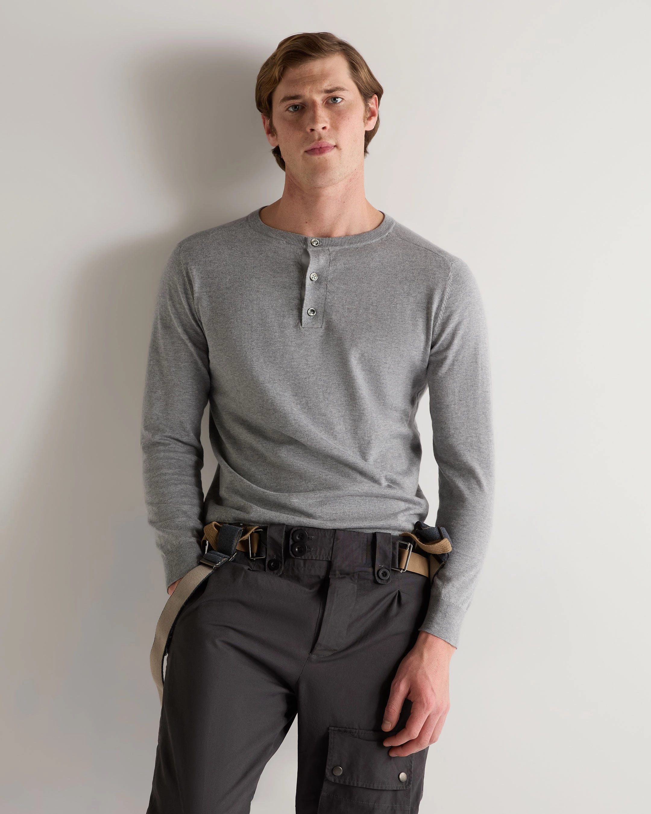 007 Round Neck Cotton Cashmere Henley Light Grey Steal Todays Offer Price Drop Today