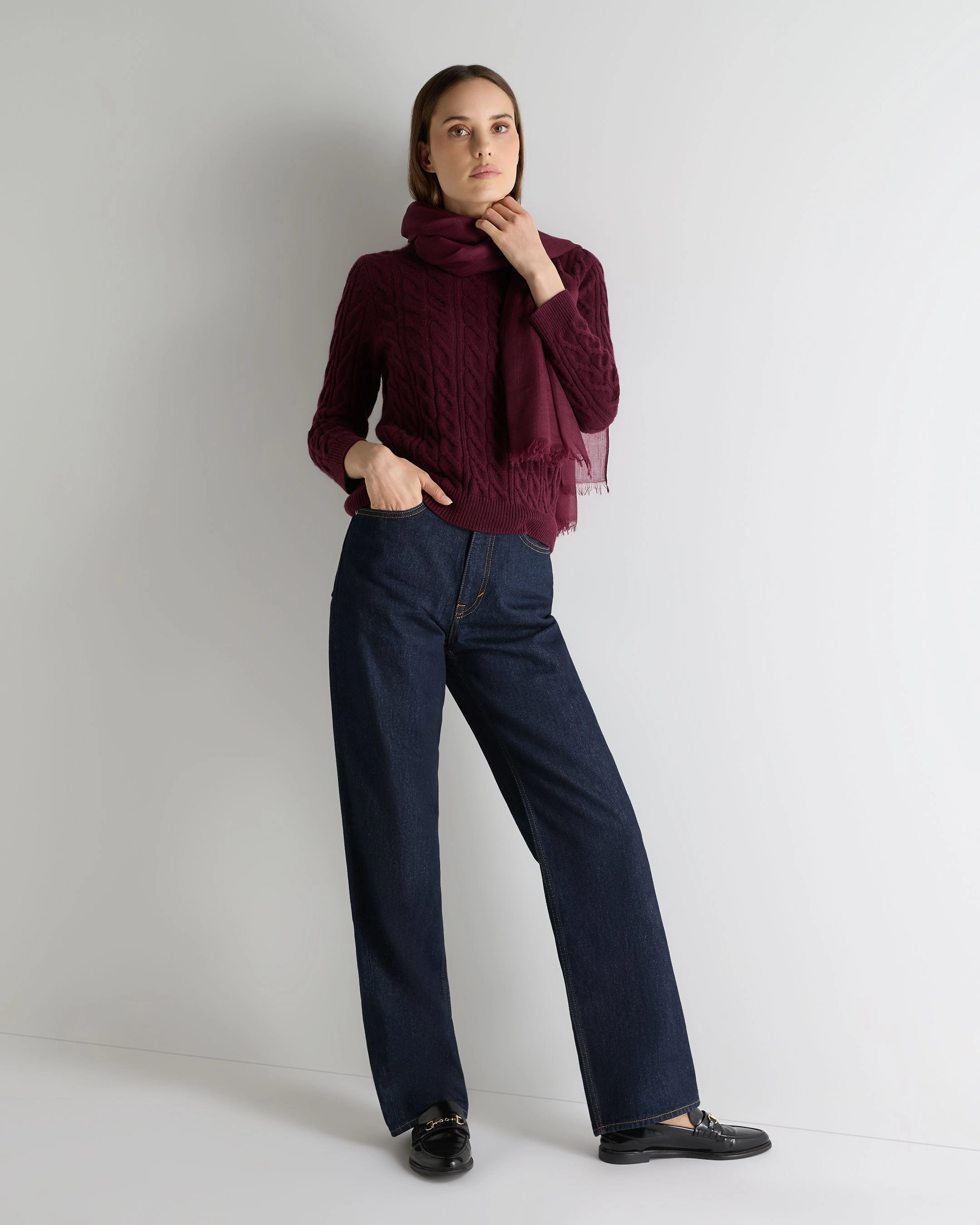 Special Deals Online Women'S Emilia Cable Round Neck Cashmere Jumper Bordeaux Red