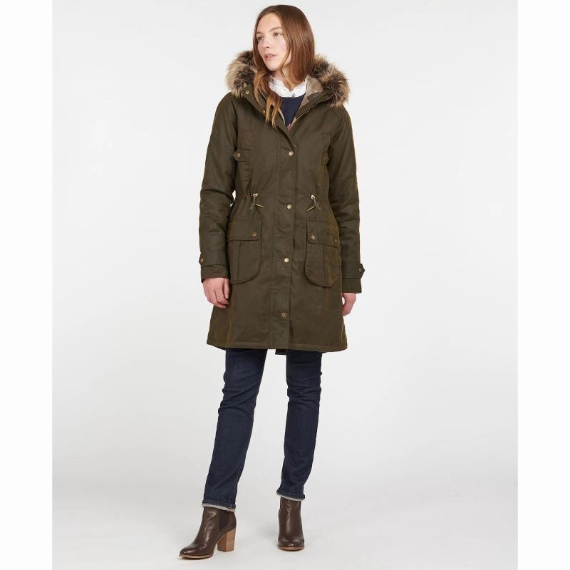 Barbour Hartwith Ladies Wax Parka Jacket - Olive/Classic MustShop Sale Flash Sale Now