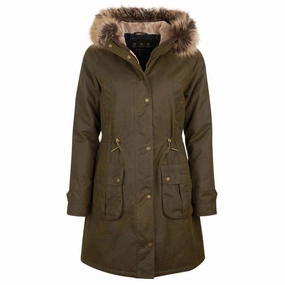 Barbour Hartwith Ladies Wax Parka Jacket - Olive/Classic Flash Offer Today Big Price Drop