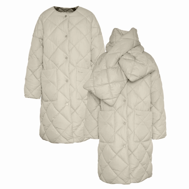 Trending Today Steal Barbour Brigitte Ladies Puffer Coat & Scarf - French Oak/Sky Dress Tartan