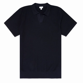 MustShop Sale Sunspel Open Textured Polo Shirt Navy