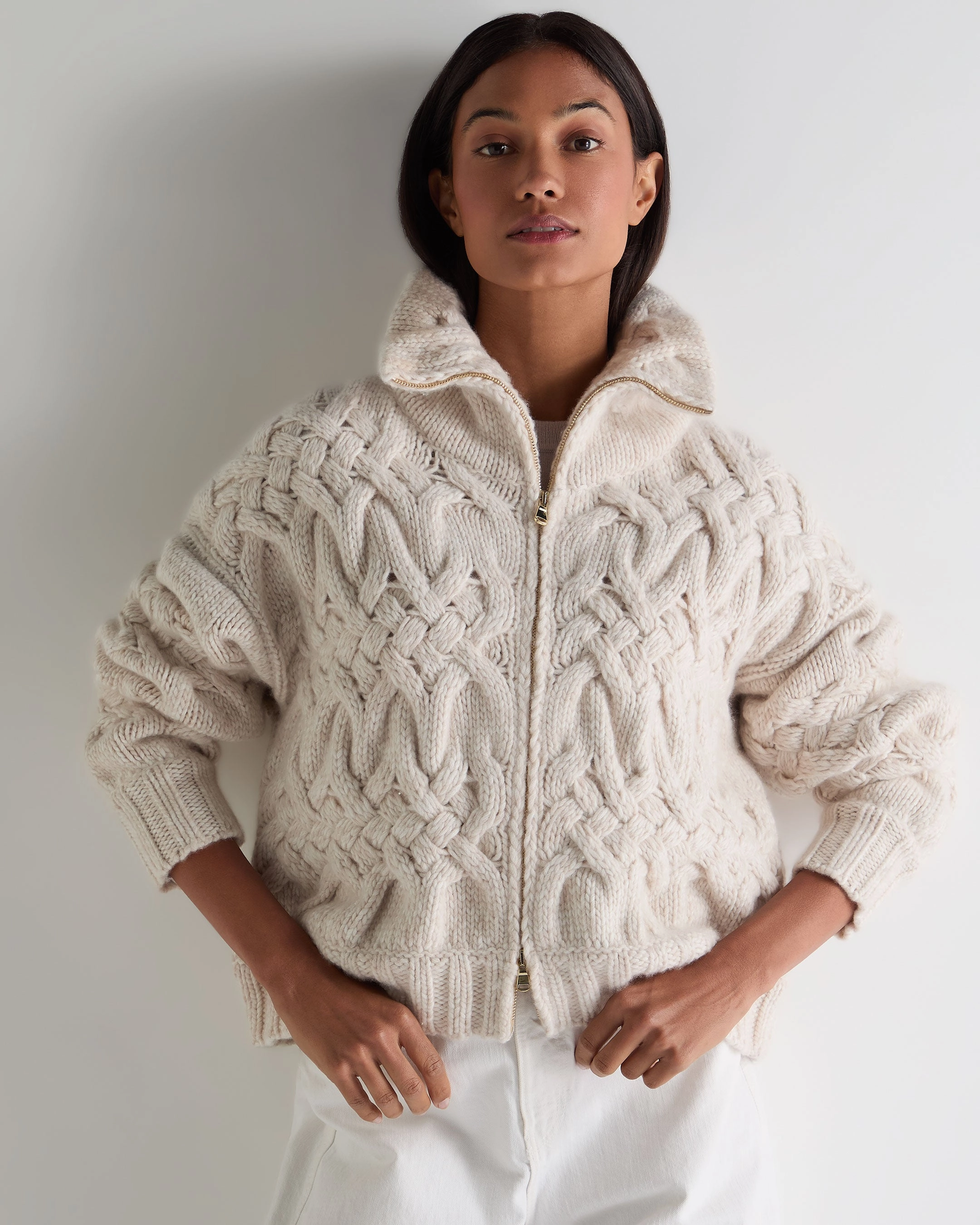 Women'S Hero Zip Cable Cashmere Jumper Ecru White MustHave Steals