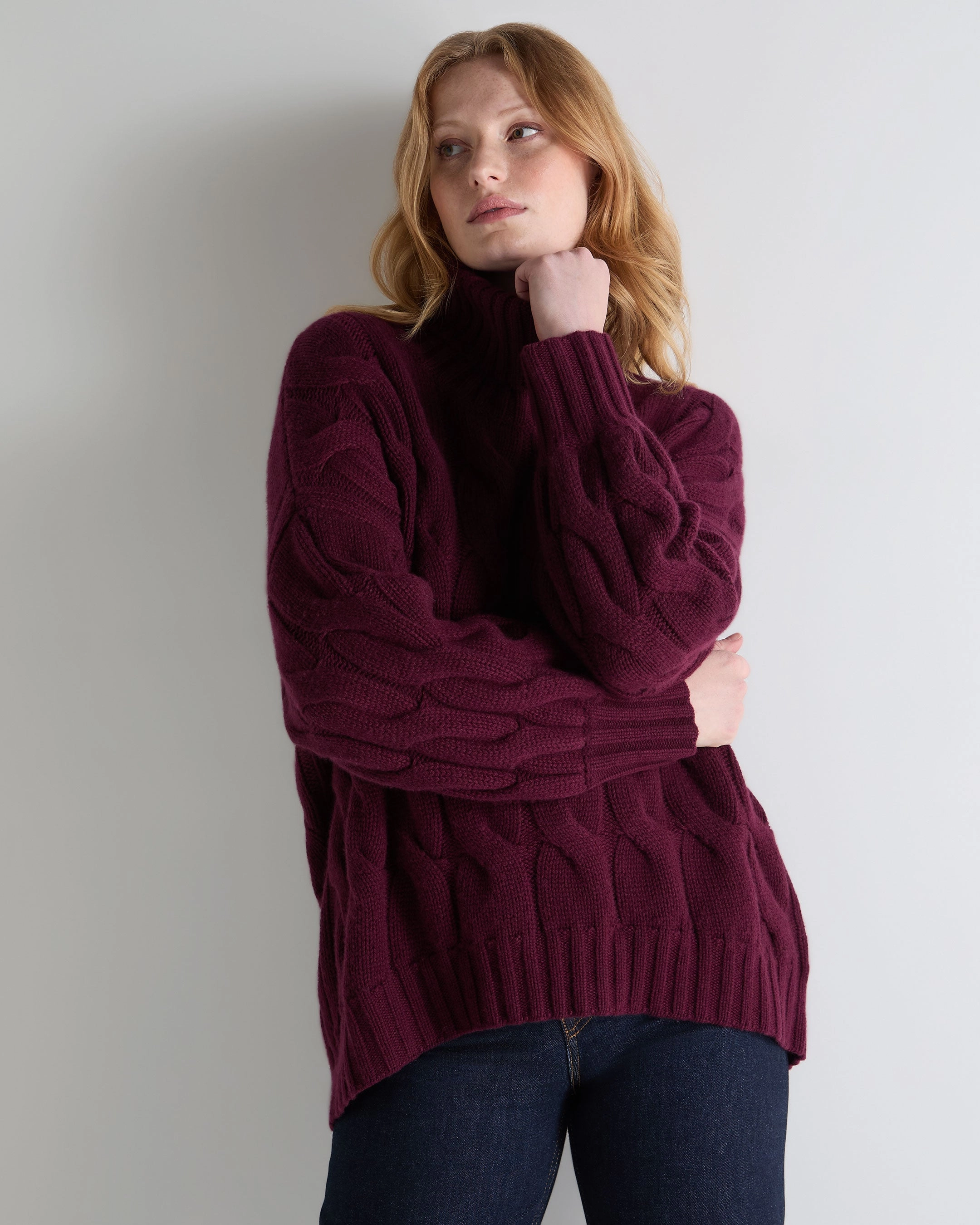 Women'S Hana Chunky Cable Roll Neck Cashmere Jumper Bordeaux Red Limited Time Hot Deal