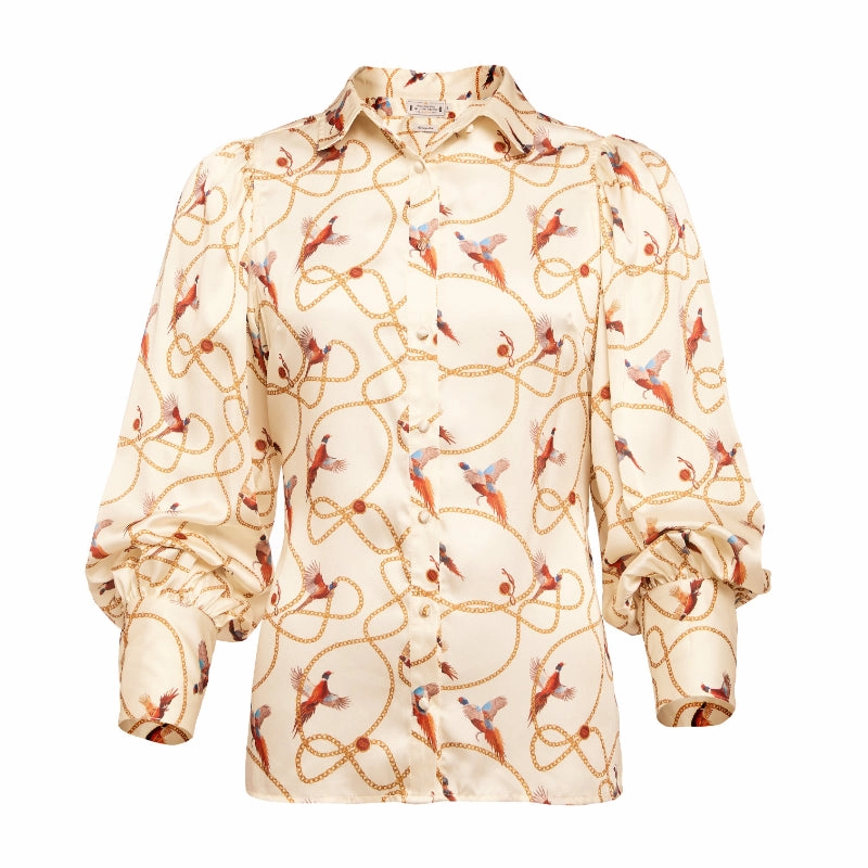 Limited Time Sale Dont Wait Save Holland Cooper Isla Ladies Satin Shirt - Off White Pheasant