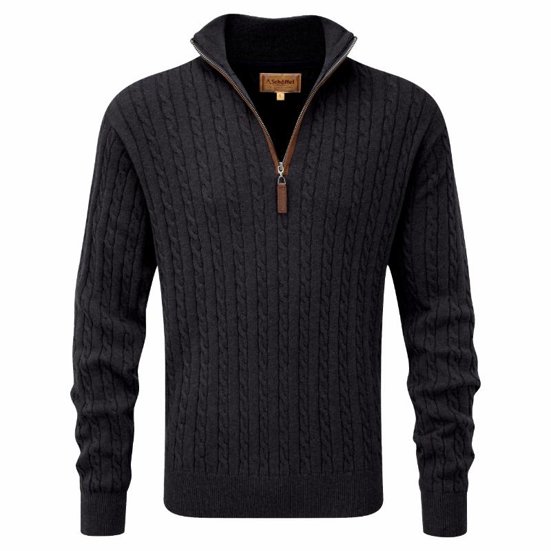 Best Seller Discount Big Price Drop Schoffel Calton Cable Knit Cotton Cashmere 1/4 Zip Mens Jumper - Charcoal