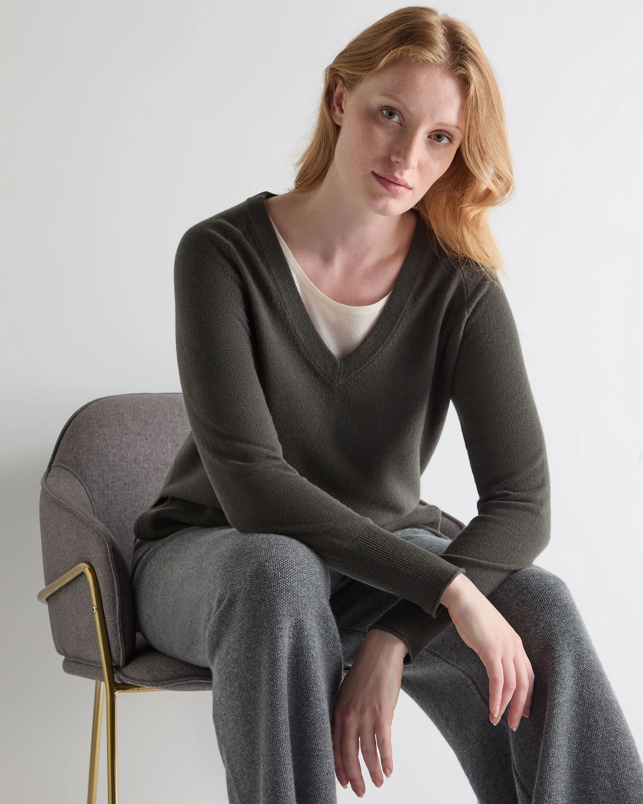 Big Clearance Event Women'S Relaxed V Neck Cashmere Jumper Arabica Khaki Green