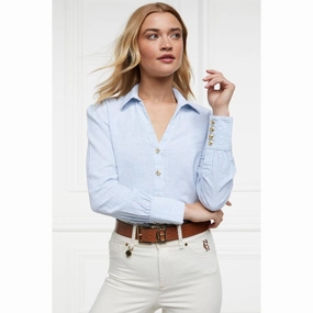 Holland Cooper Classic V-Neck Blouse - Azure Stripe Online Deal Frenzy