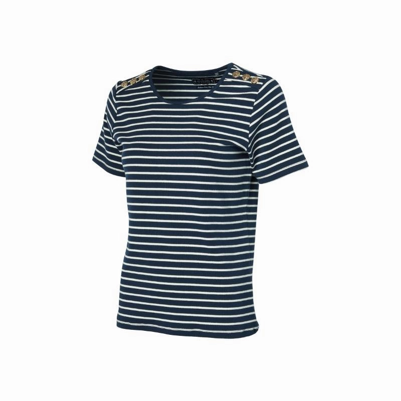 Holland Cooper Padstow Ladies Crew Neck T-Shirt - Ink Navy/Natural Stripe Clearance Sale Now