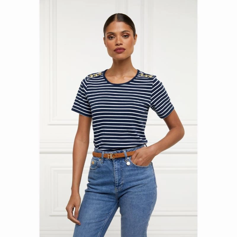 Holland Cooper Padstow Ladies Crew Neck T-Shirt - Ink Navy/Natural Stripe Trending Now Offer