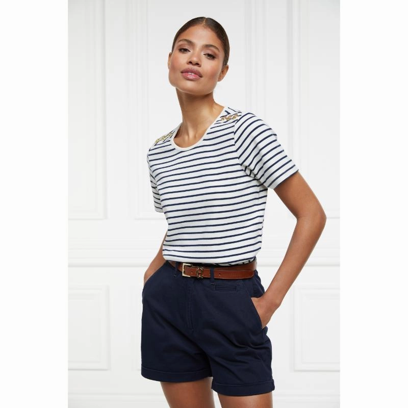 Holland Cooper Padstow Ladies Crew Neck T-Shirt - Natural Ink/Navy Stripe Save More Online