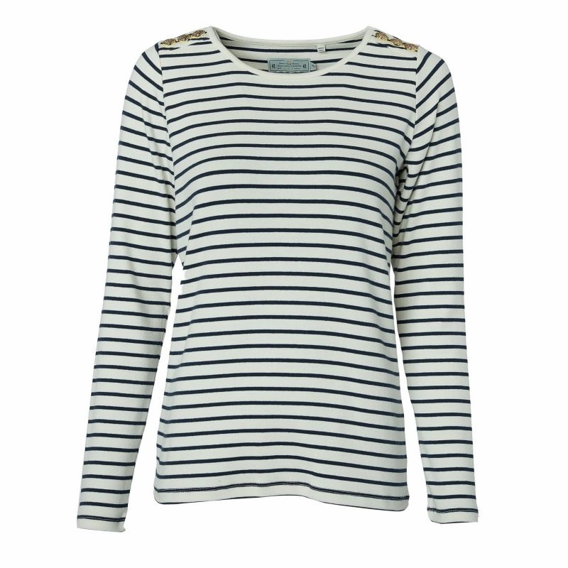 Hot Savings Alert Holland Cooper Padstow Long Sleeve Crew Neck Ladies Tee - Natural/Ink Navy Stripe