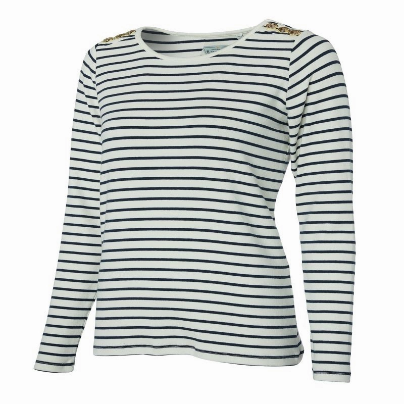 Shop Save Big Grab the Deal Now Holland Cooper Padstow Long Sleeve Crew Neck Ladies Tee - Natural/Ink Navy Stripe
