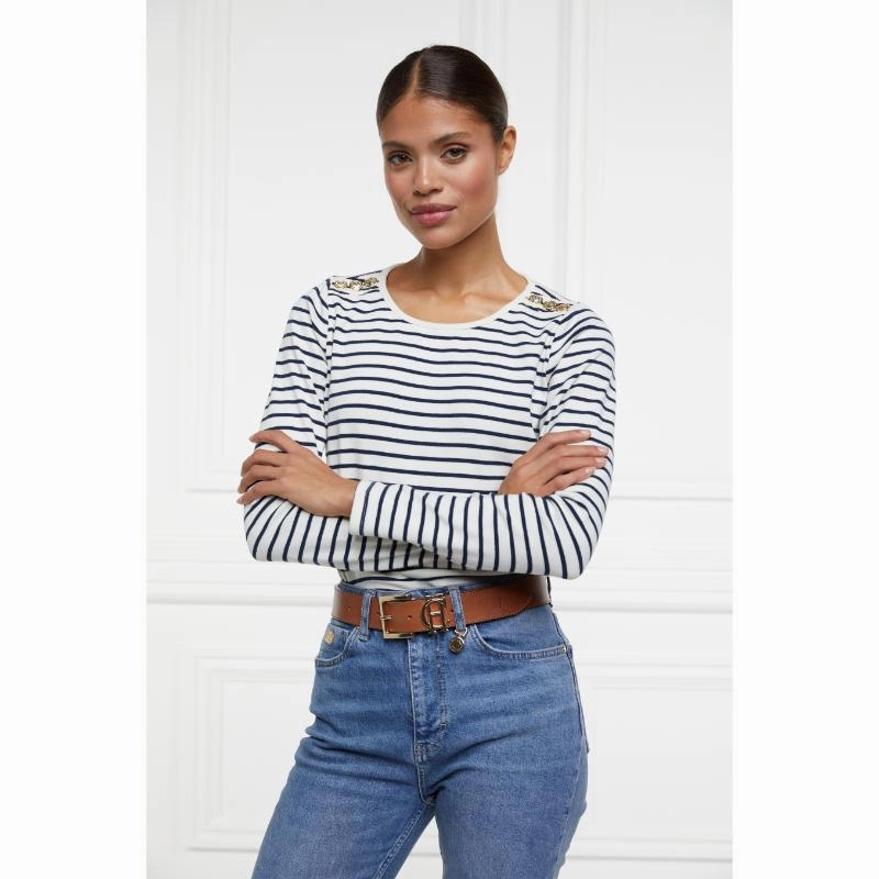 Holland Cooper Padstow Long Sleeve Crew Neck Ladies Tee - Natural/Ink Navy Stripe Save More Now