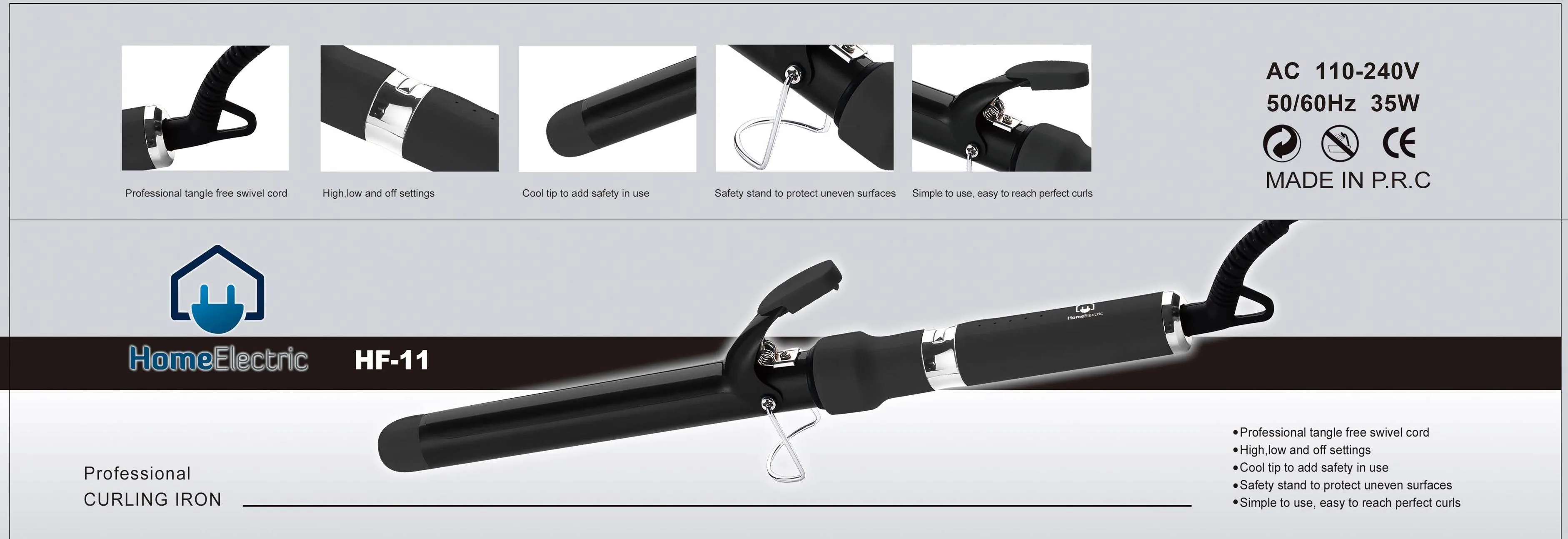 Home Electric Hair Curlier Ceramic 35W Black 32 Mm Plates Heat 230 C Professional Tangle
