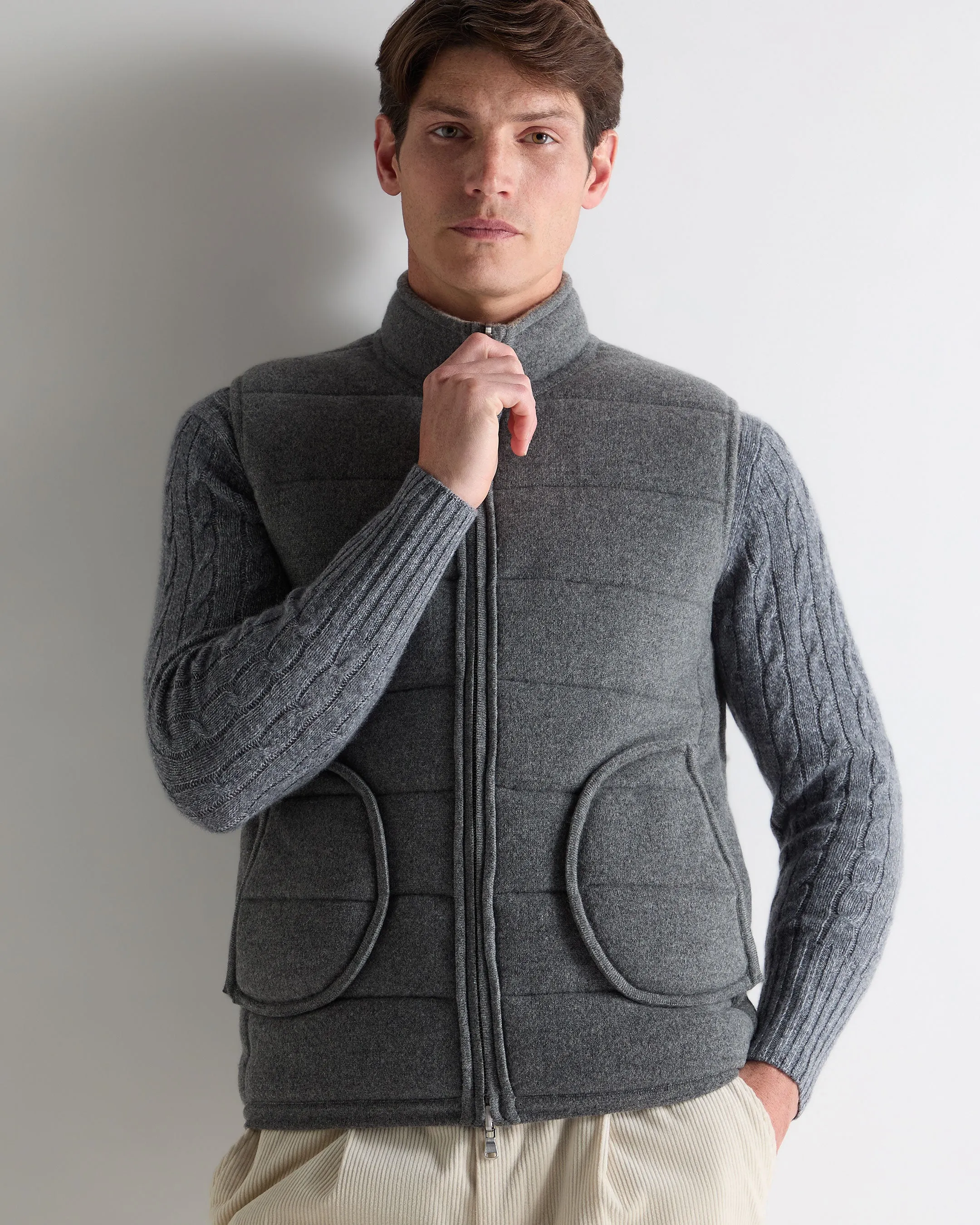 Men'S Mall Herringbone Cashmere Gilet Smoky Herringbone Grey Limited Time Offer