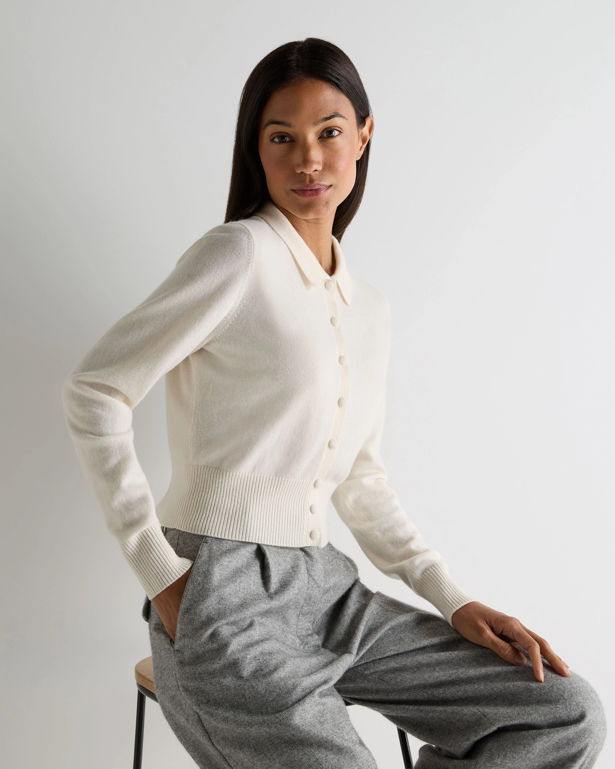 Trending Now Discount Women'S Thea Collared Cashmere Cardigan New Ivory White