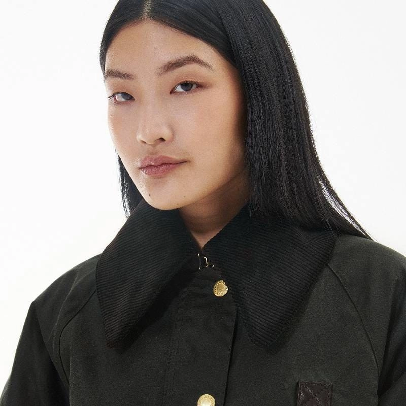 Barbour Catton Ladies Wax Jacket - Black/Black/Sage Tartan Big Hot Sale