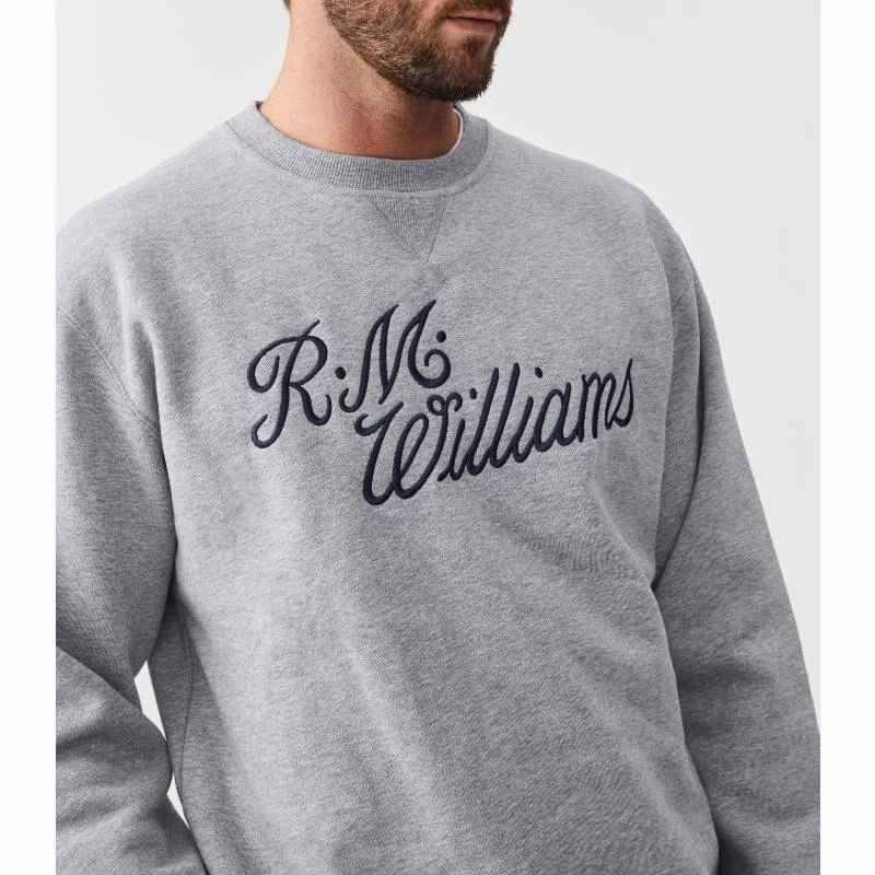 R.M.Williams Script Crew Neck Mens Sweater - Grey/Blue Shop Smart Save