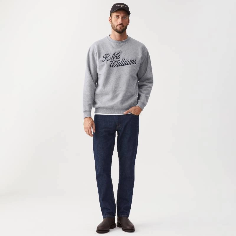 R.M.Williams Script Crew Neck Mens Sweater - Grey/Blue Instant Hot Deal Exclusive Hot Pick