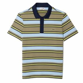Lacoste Regular Fit Striped Cotton Polo Shirt Khaki Green / Blue Hot Price Drop