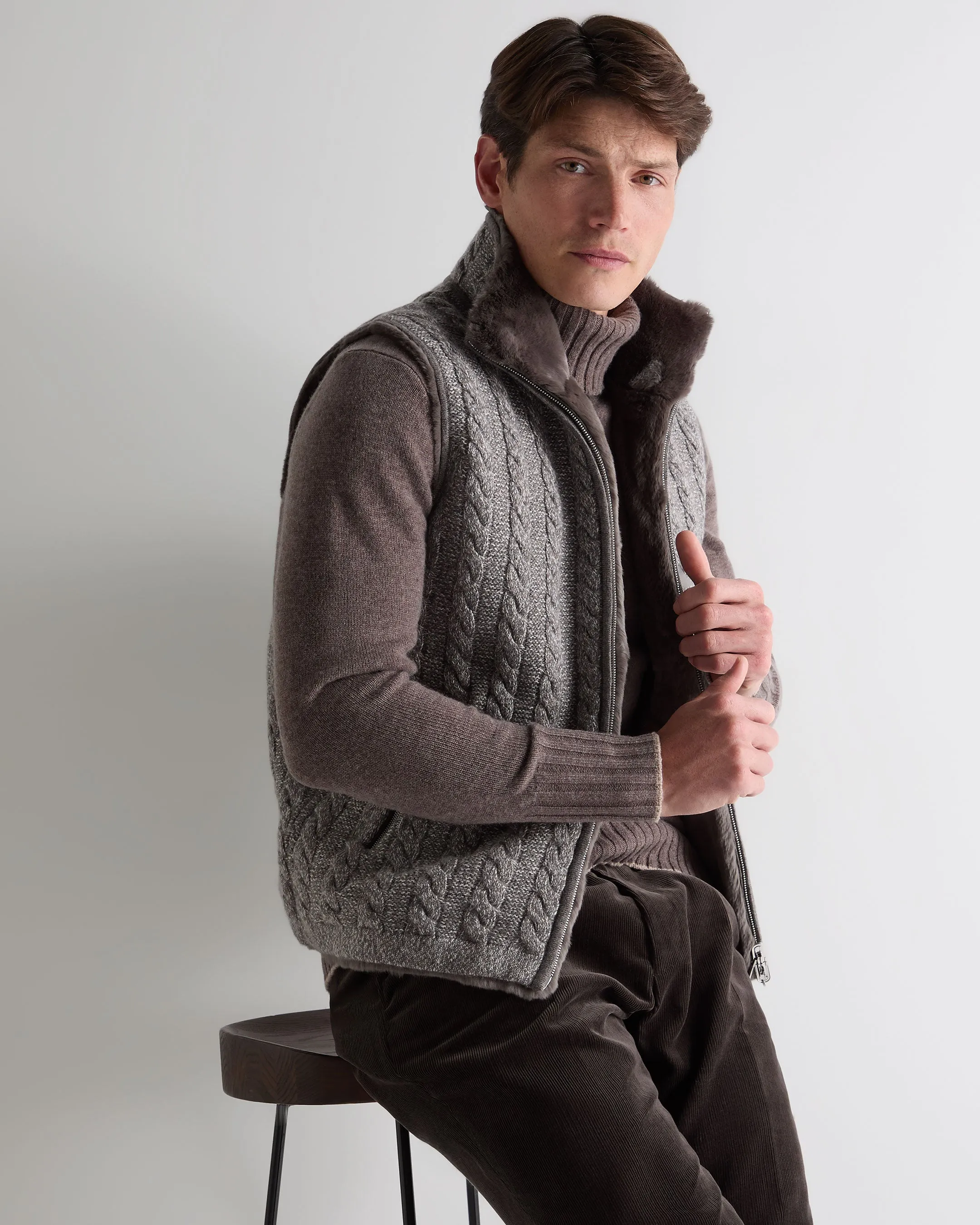 Men'S Dolomiti Cable Fur Gilet Soft Truffle Brown Marl Limited Edition Offer
