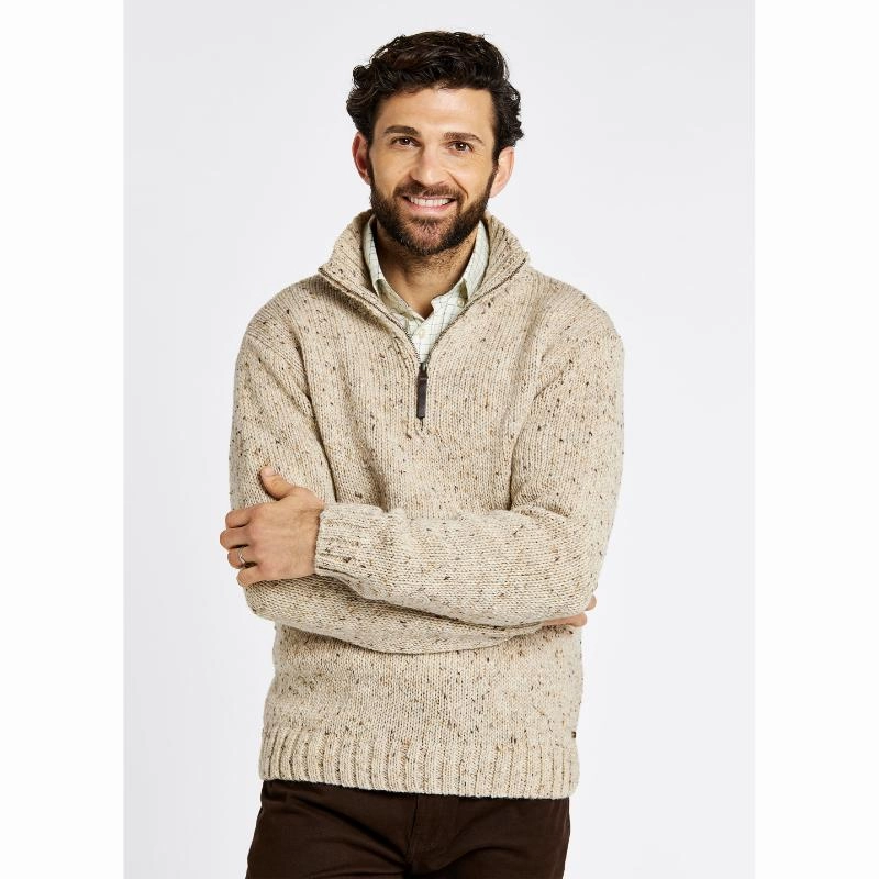 Dubarry Callaghan 1/4 Zip Mens Irish Donegal Wool Knit Jumper - Stone Online Exclusive Offer Limited Time Sale