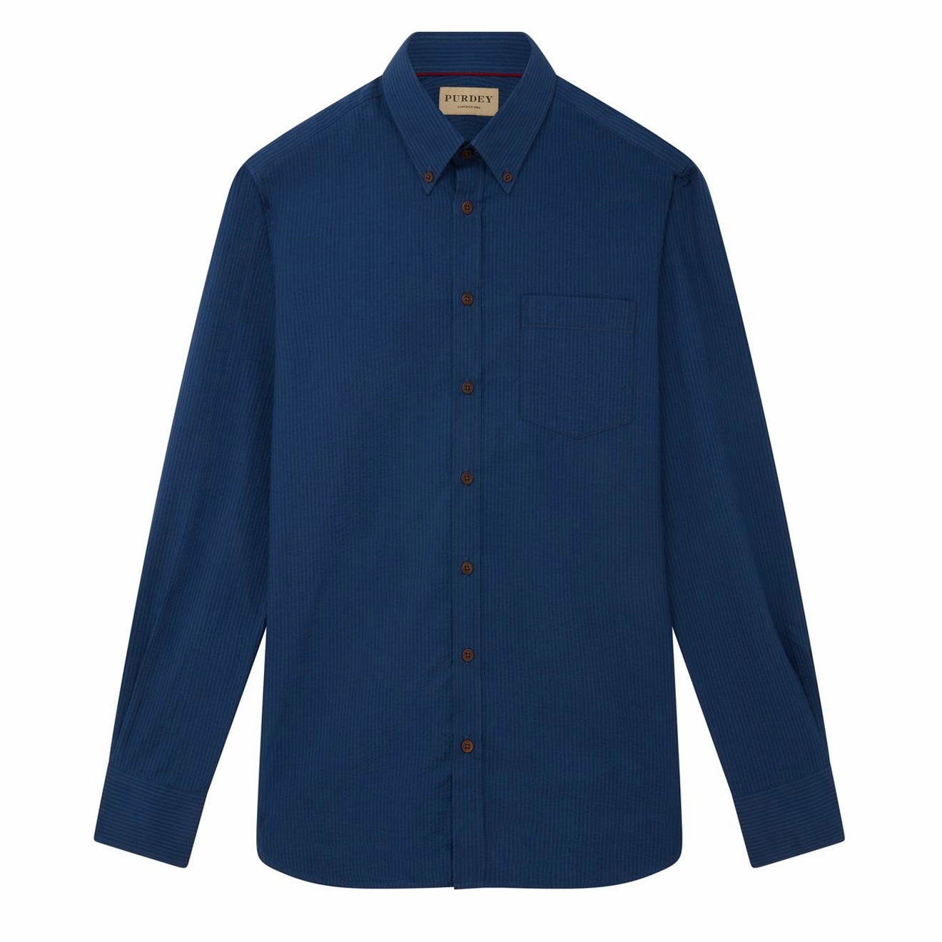 James Purdey Seersucker Button Down Collar Shirt Navy Weekend Sale Special Gift Ideas Galore