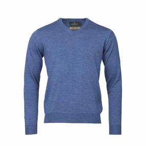 Trending Now Discount Laksen Sussex V-Neck Merino Mens Jumper - Denim