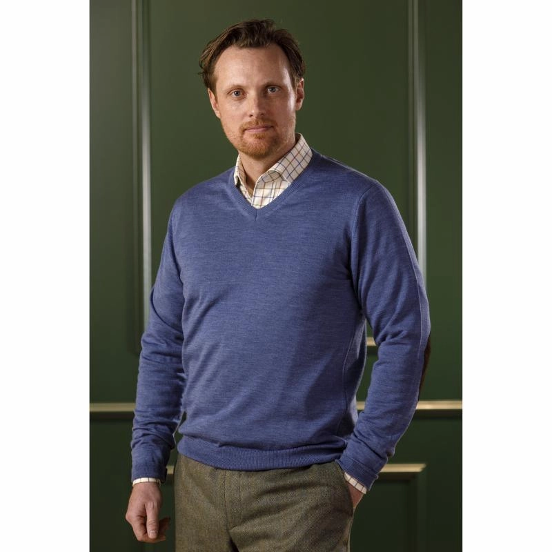 Gift Sale Event Save Today Event Laksen Sussex V-Neck Merino Mens Jumper - Denim