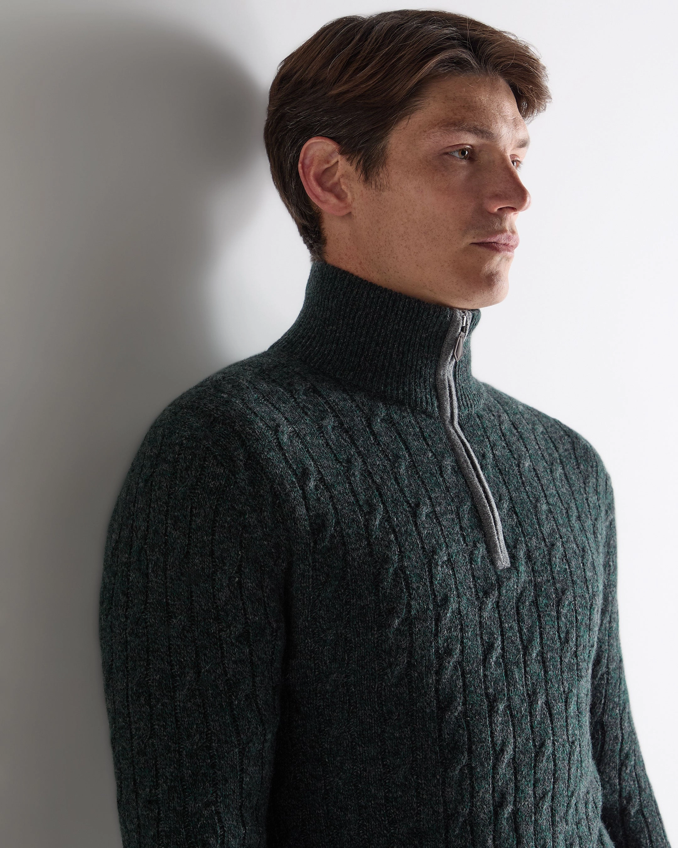 Men'S Albemarle Cable Half Zip Cashmere Jumper Green Melange Hot Clearance Now