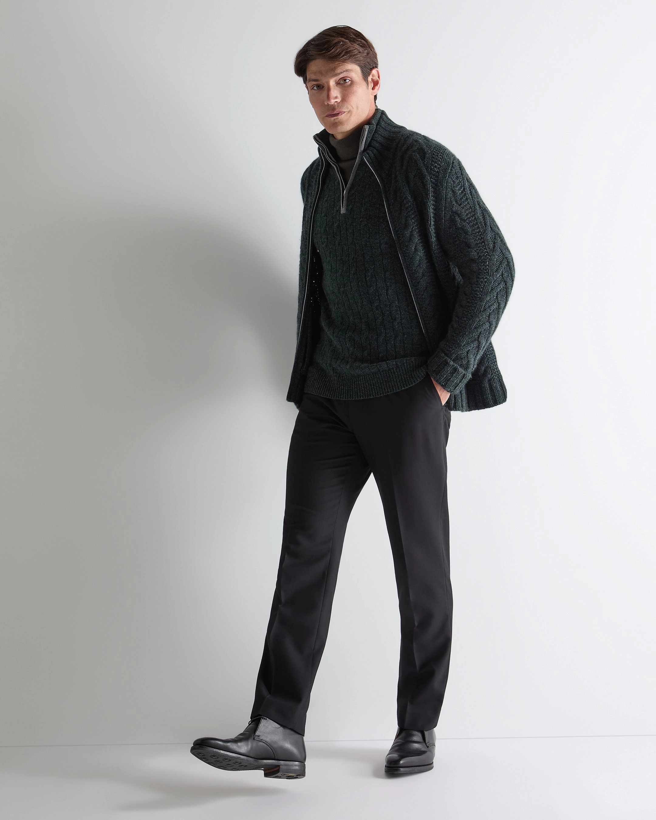 Men'S Albemarle Cable Half Zip Cashmere Jumper Green Melange Clearance Steal Today