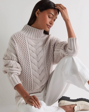 Women'S Mock Neck Cable Cashmere Jumper Frost White Shop Grab Offer