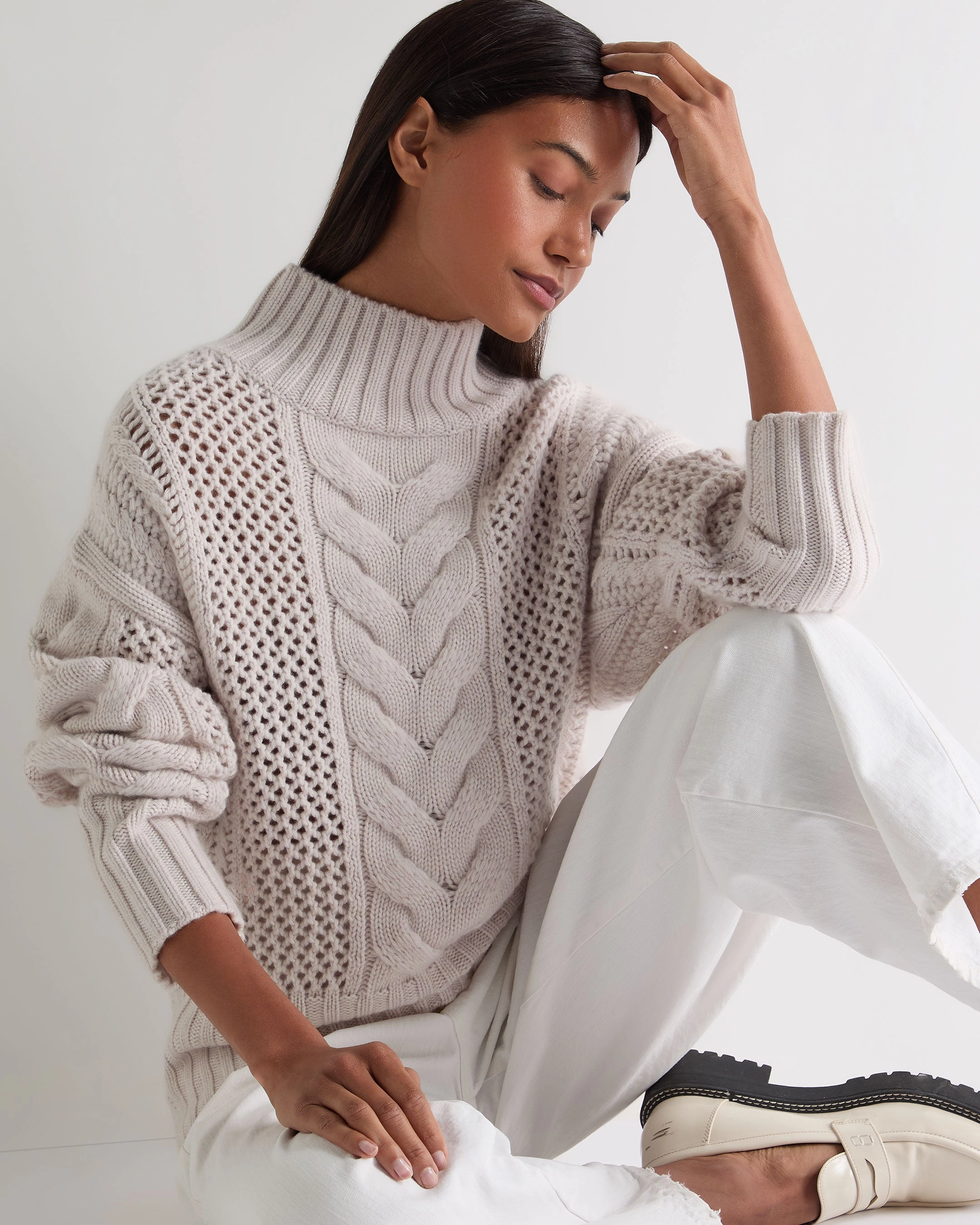Save Big Online Women'S Mock Neck Cable Cashmere Jumper Frost White