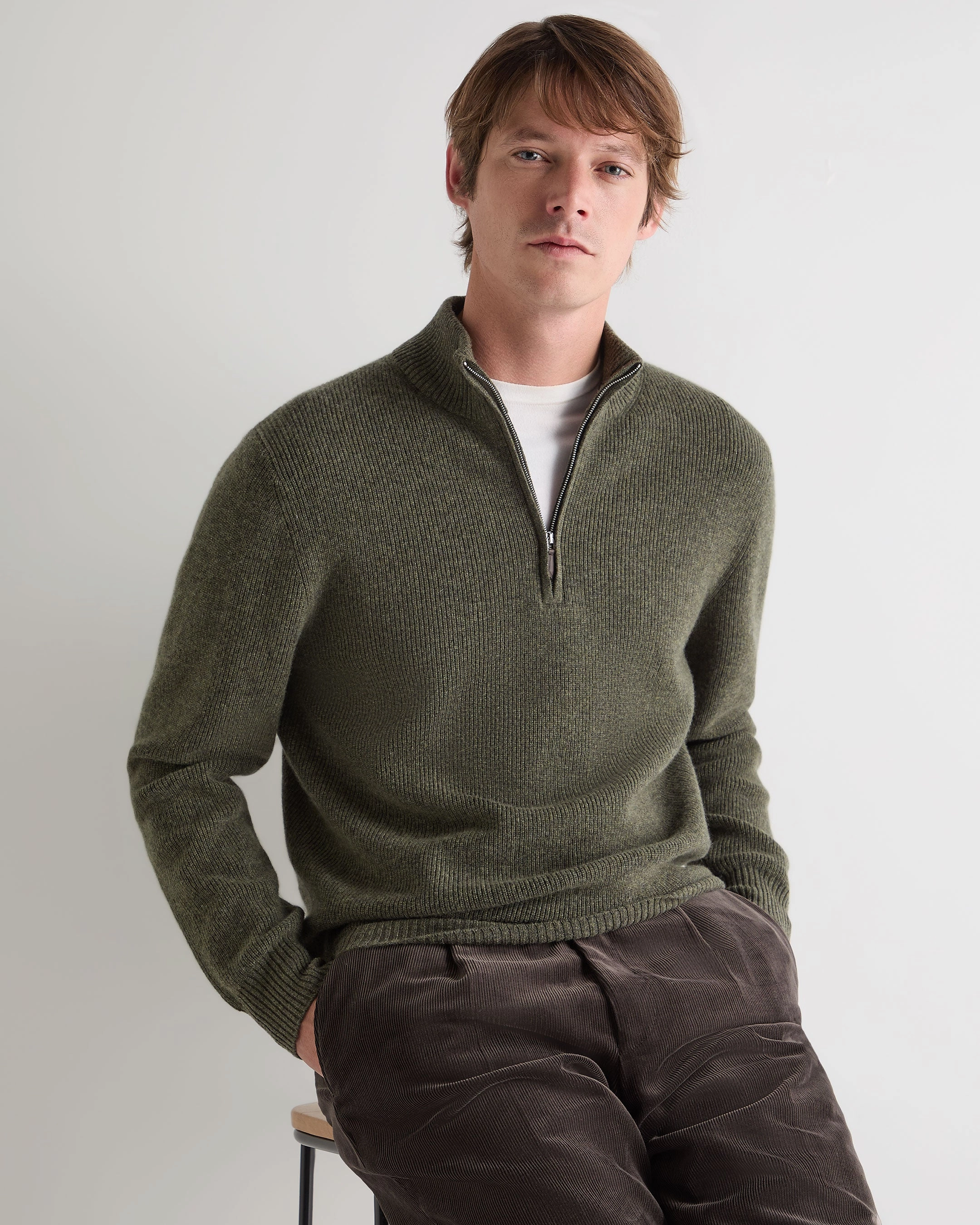 Men'S Ribbed Half Zip Cashmere Jumper Moss Green Daily Clearance Deal MustShop Sale