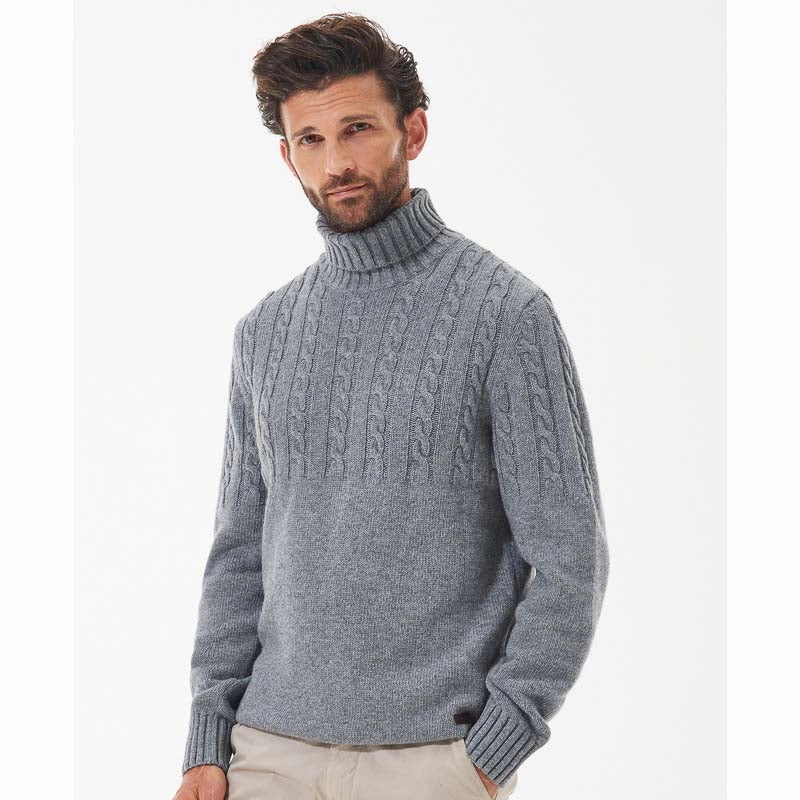 Barbour Duffle Cable Rollneck Mens Jumper - Grey Marl Clearance Sale Now