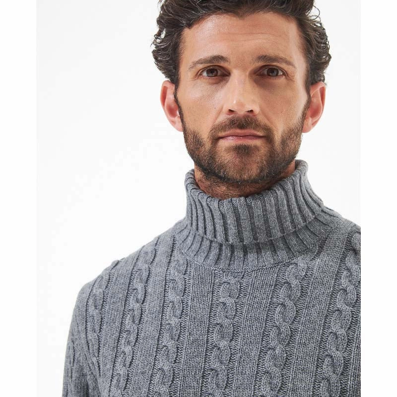 Clearance Event Today Barbour Duffle Cable Rollneck Mens Jumper - Grey Marl
