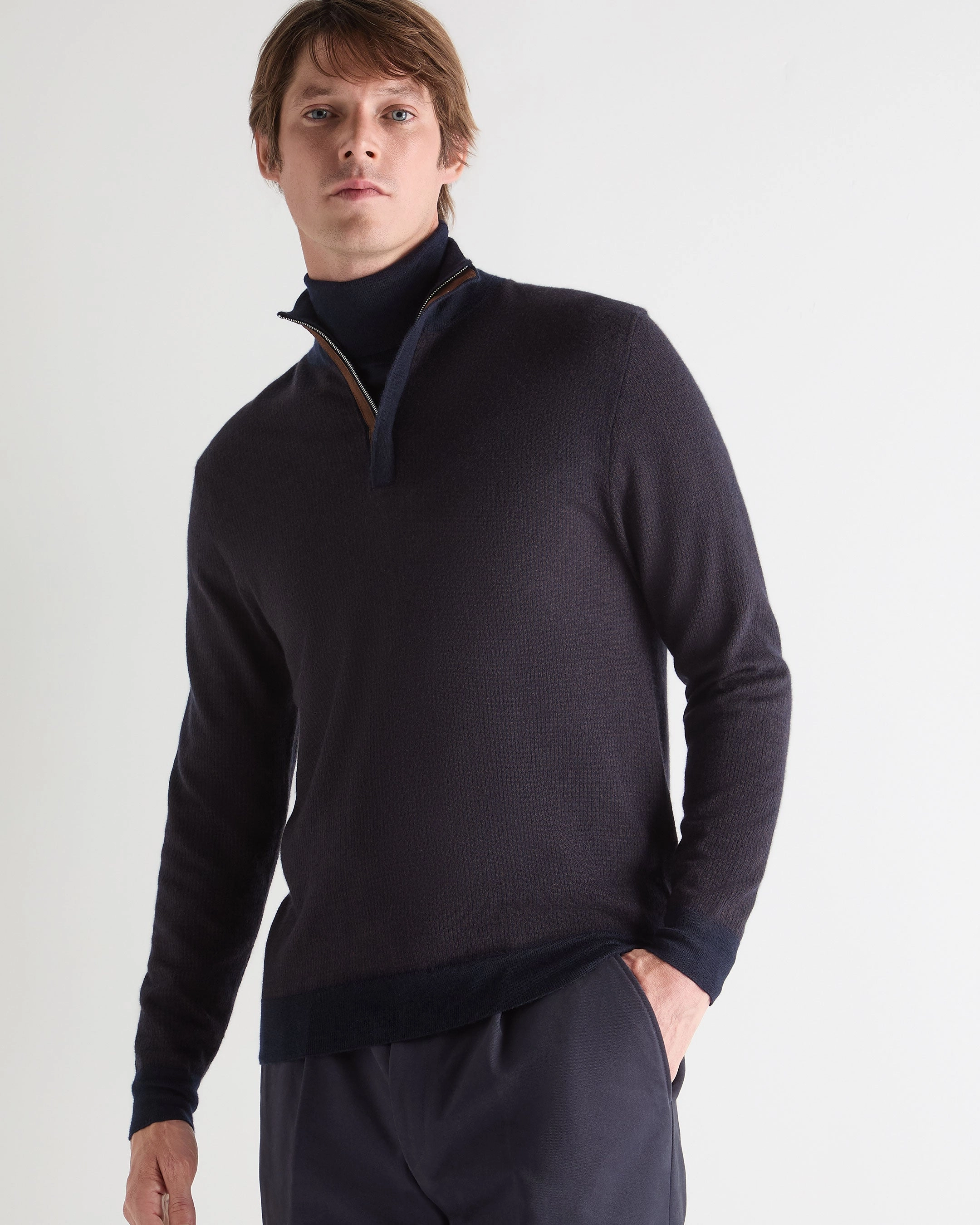 Daily Clearance Deal Shop Grab Offer Men'S Regent Houndstooth Fine Gauge Cashmere Half Zip Jumper Navy Blue