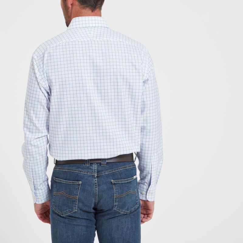 Schoffel Greenwich Single Cuff Tailored Fit Mens Shirt - Light Blue Check Shop Hot Deals