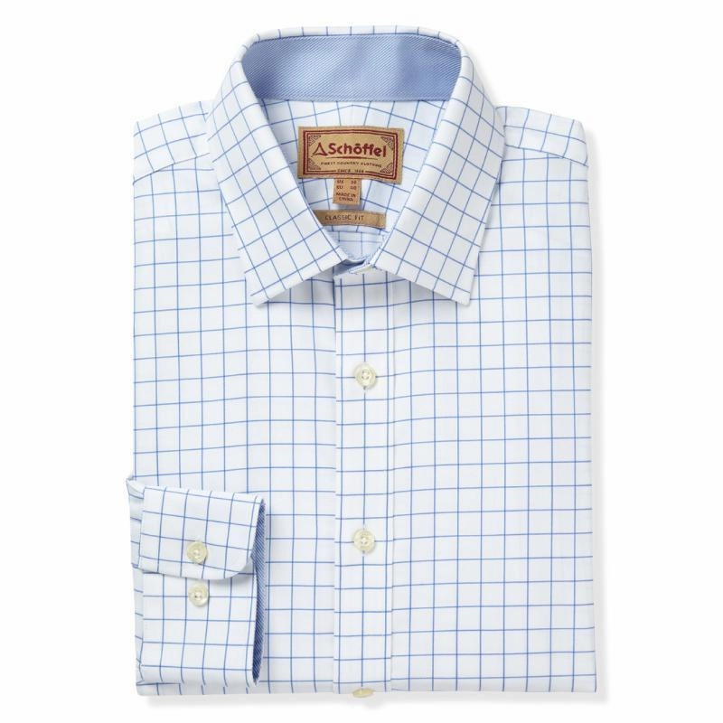 Schoffel Greenwich Single Cuff Tailored Fit Mens Shirt - Light Blue Check Clearance Alert Now