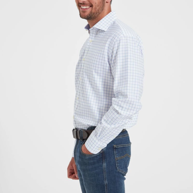 Schoffel Greenwich Single Cuff Tailored Fit Mens Shirt - Light Blue Check Mega Hot Offer MustShop Sale