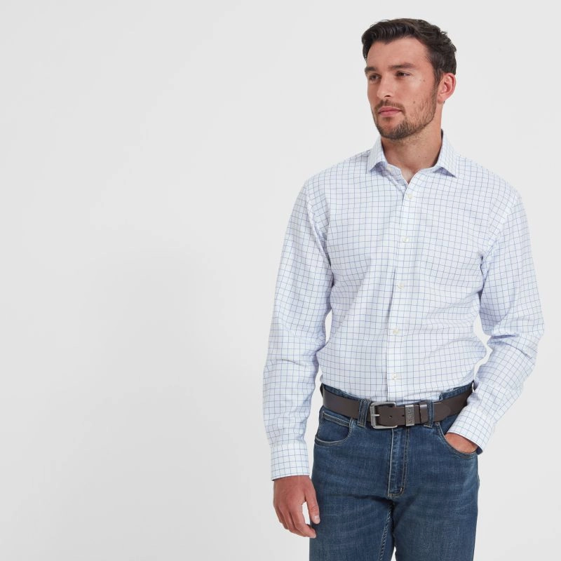 Schoffel Greenwich Single Cuff Tailored Fit Mens Shirt - Light Blue Check MustHave Gift Ideas