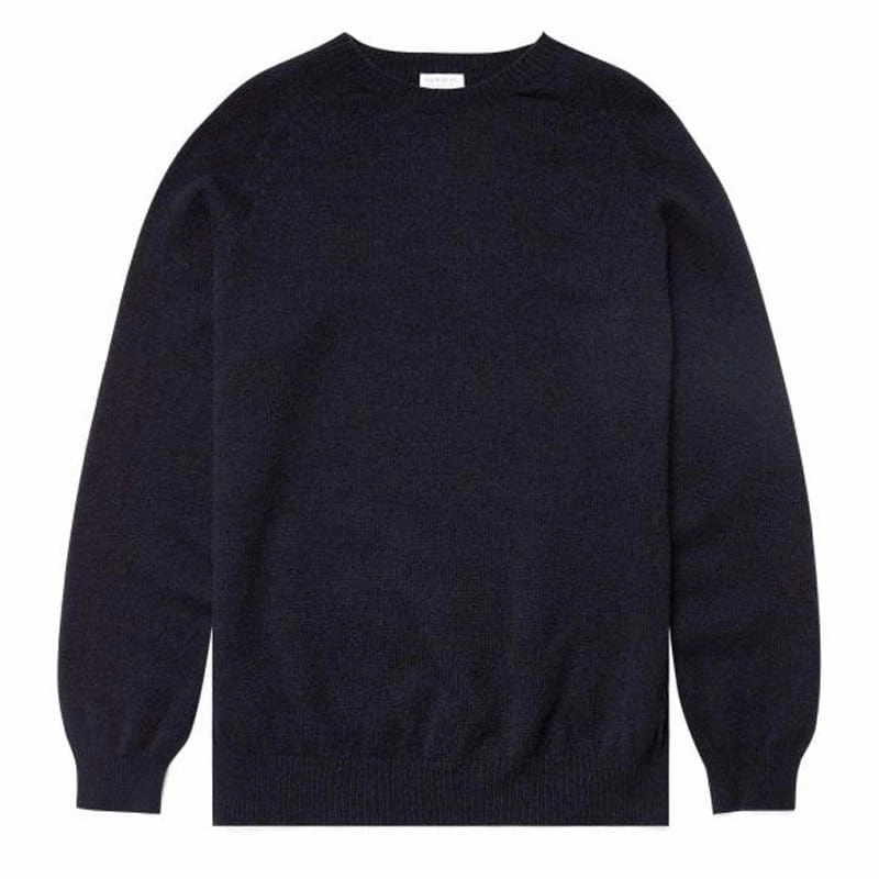 Sunspel Lambswool Crew Neck Knit Dark Navy Mouline Clearance Sale