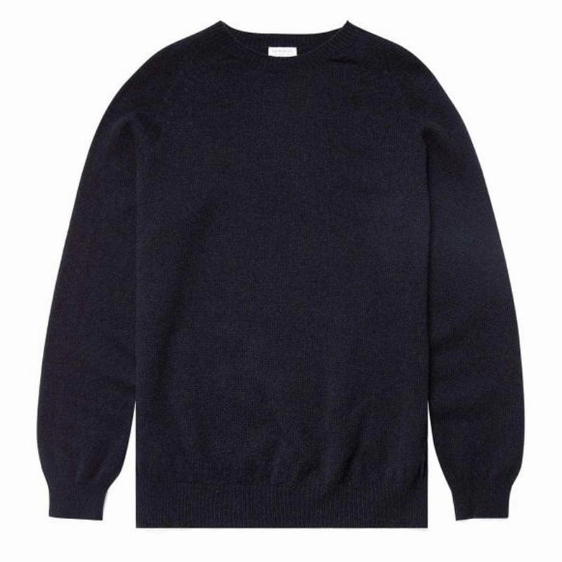 Weekend Sale Special Trending Now Offer Sunspel Lambswool Crew Neck Knit Dark Navy Mouline