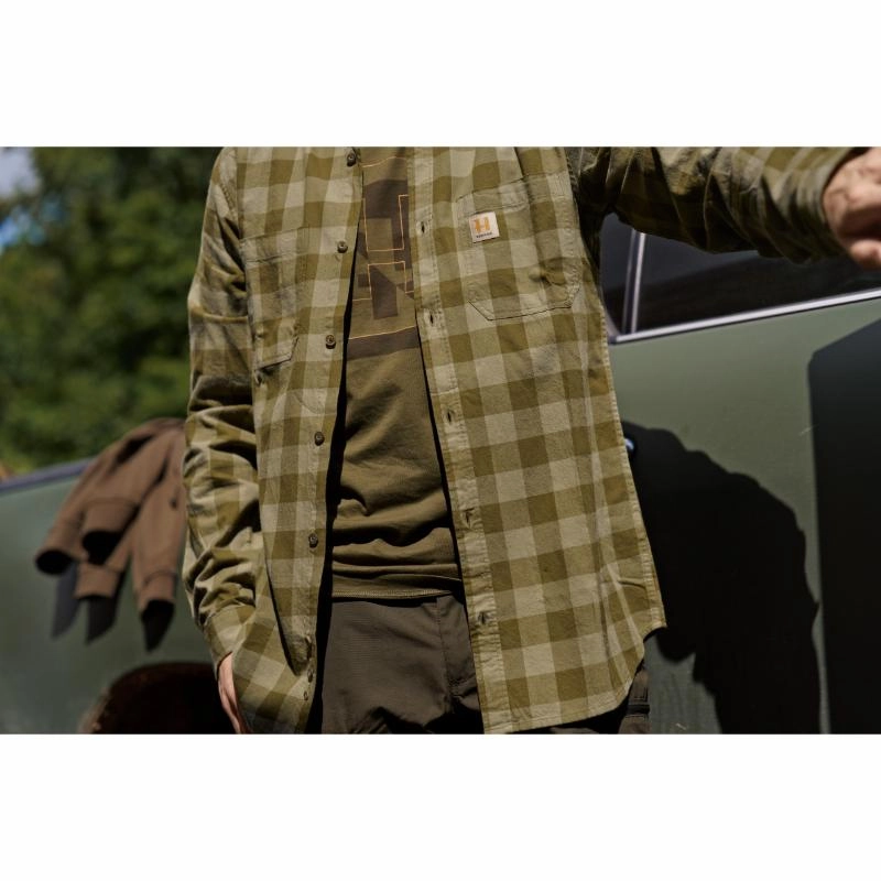 Trending Now Discount Harkila Scandinavian Long Sleeve Mens Shirt  - Dark Olive Check
