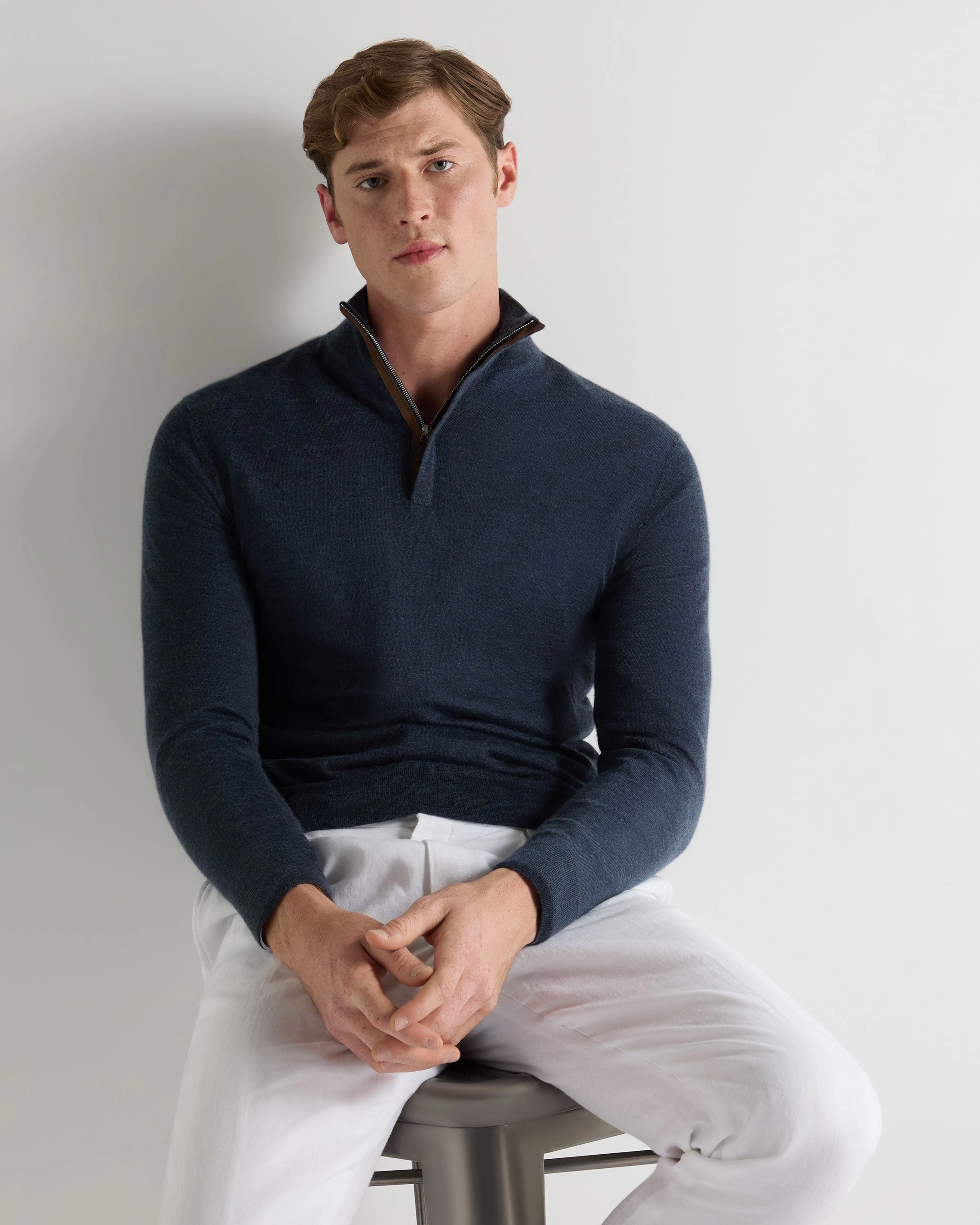 Hot Price Drop Men'S Regent Fine Gauge Cashmere Half Zip Jumper Indigo Blue