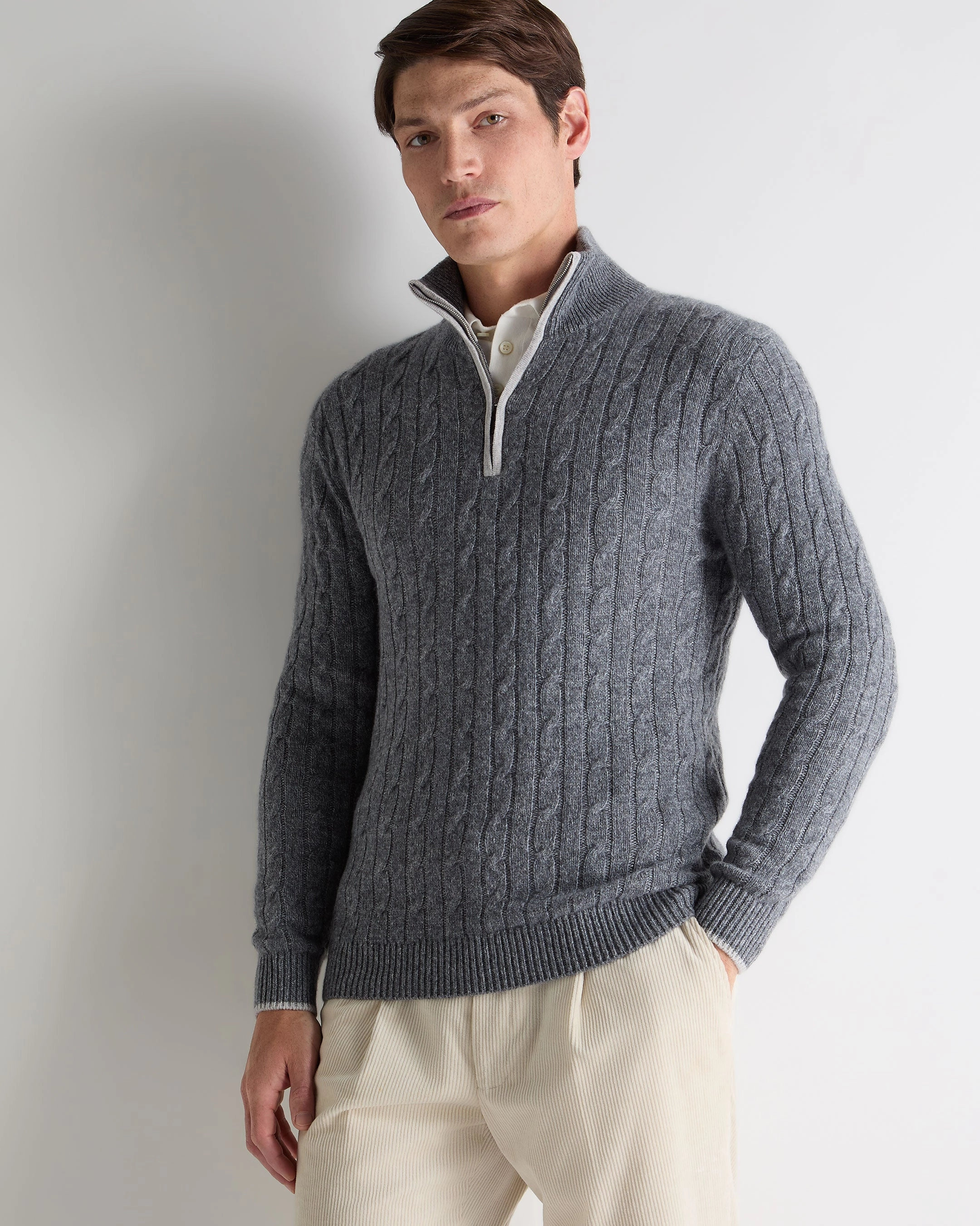 Hot Item Clearance Sale Ending Soon Men'S Albemarle Cable Half Zip Cashmere Jumper Grey Melange
