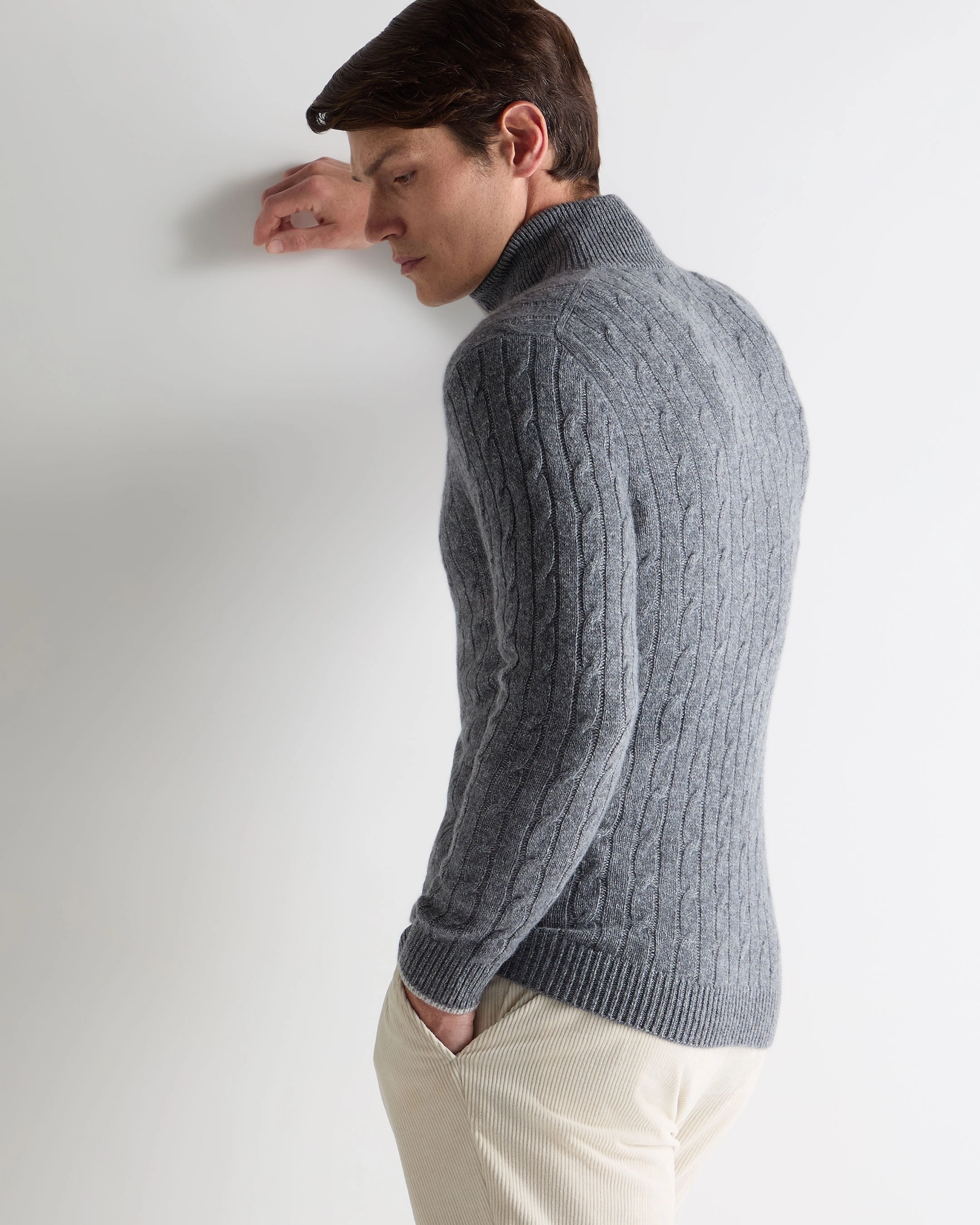 Men'S Albemarle Cable Half Zip Cashmere Jumper Grey Melange Hot Pick Sale
